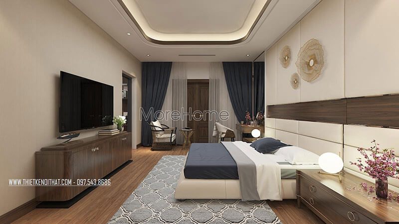Thiết kế nội thất phòng ngủ Master kết hợp giữa màu nâu trầm của gỗ và màu be của nỉ, da tạo nên sự hài hòa, tinh tế.